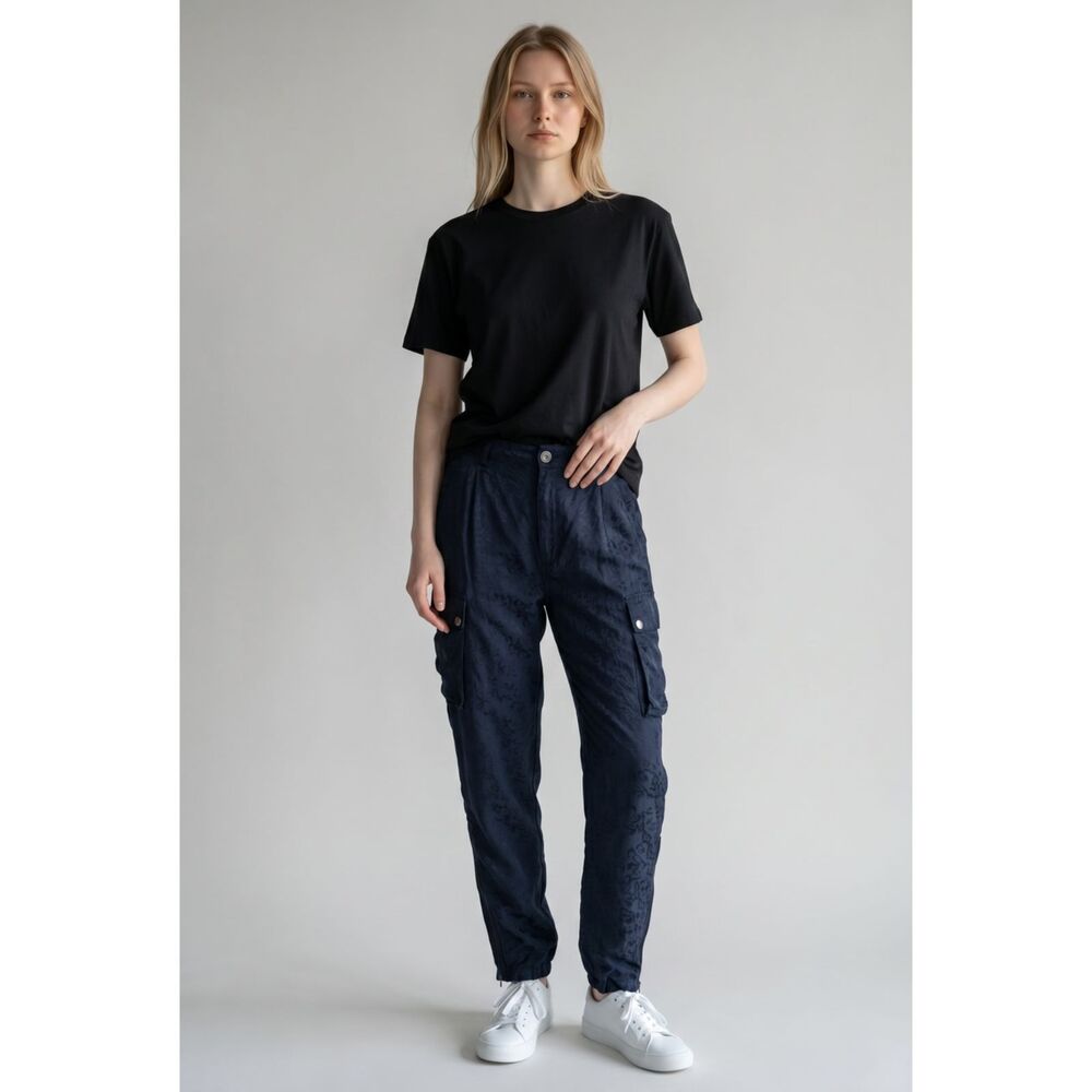 Johnny Was Silky Leopard Cargo Jogger Pants Navy Floral Zip Ankle Sz 2